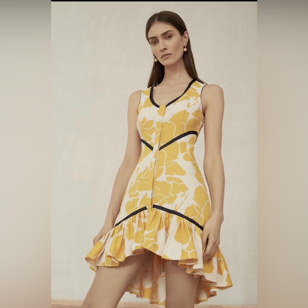 Alexis Yellow and White Floral Ruffle Mini Dress with Black Trim